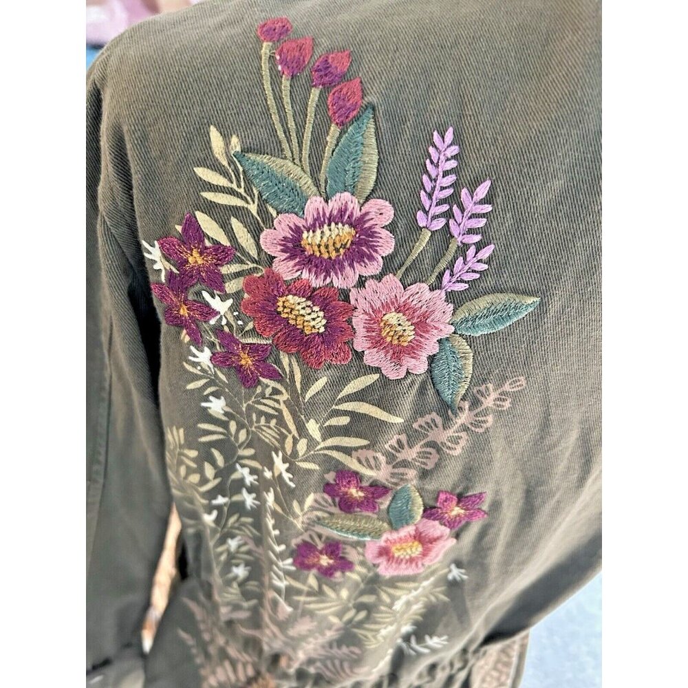 Vintage Sheryl Crowe Jacket Women XS Embroidered Floral Utility Boho Army Green - Picture 7 of 14
